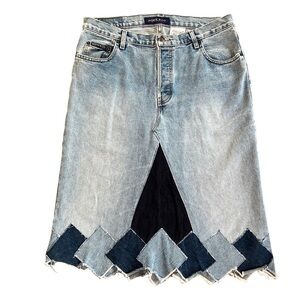 Vintage Deconstructed Patchwork Denim Mid Low Rise Jean Midi Skirt